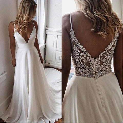 Vestido De Noiva Summer A Line Simple White Bride Wedding Dress V Neck Bridal Party Dress Long Chiffon Boho Beach Wedding Gowns