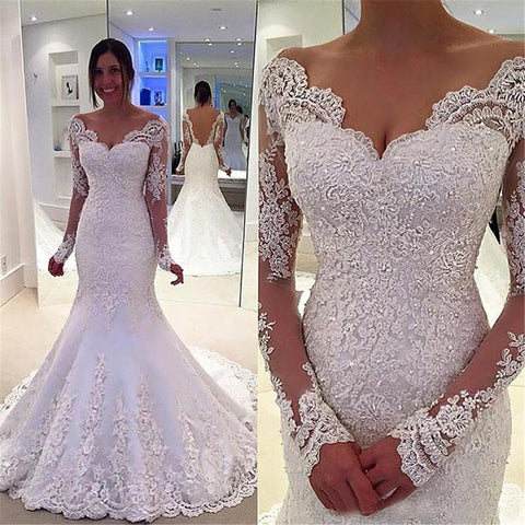 Elegant V Neck Mermaid Long Sleeves Luxury Wedding Dress Boho Backless Bridal Gowns Appliques Beaded Custom Made Bride Dresses