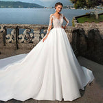 Elegant Satin V-Neck A-Line Wedding Dresses With Lace Appliques Long Sleeves Bridal Dress Wedding Gowns vestido longo de festa