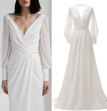 Real photo  Long sleeve simple satin chiffon bridal wedding dress gown FACTORY PRICE PLUS SIZE