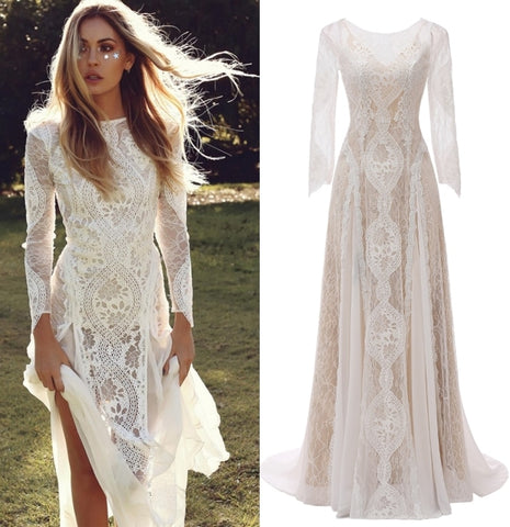 Factory Price 100 % real sample photo Lace boho bohemian  wedding dress bridal gown