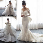 2019 Luxury Mermaid Wedding Dresses Sheer Neck Long Sleeves Illusion Full Lace Applique Bow Overskirts Button Back Chapel Train