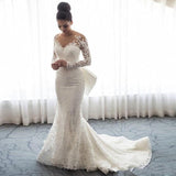 2019 Luxury Mermaid Wedding Dresses Sheer Neck Long Sleeves Illusion Full Lace Applique Bow Overskirts Button Back Chapel Train