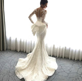 2019 Luxury Mermaid Wedding Dresses Sheer Neck Long Sleeves Illusion Full Lace Applique Bow Overskirts Button Back Chapel Train